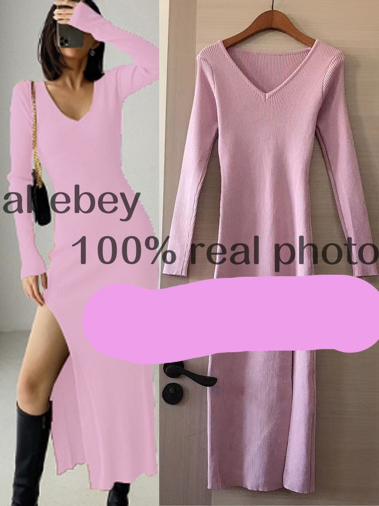 Long Sleeve slit sweater dress slim tight fitting hip knit over the knee dresses The Clothing Company Sydney