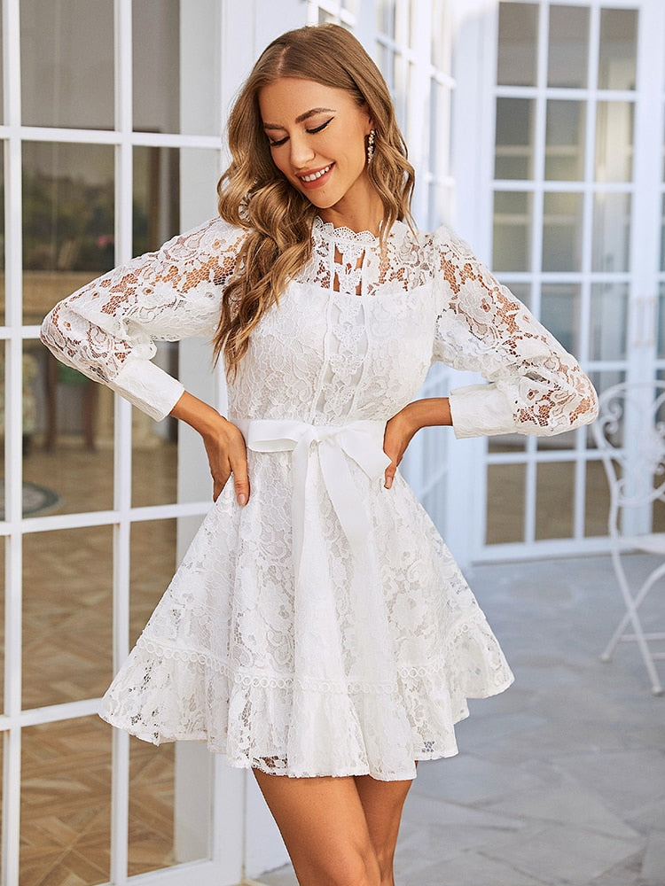 White lace party dress long sleeves ribbon hollow out midi Elegant wedding dresses - The Clothing Company Sydney