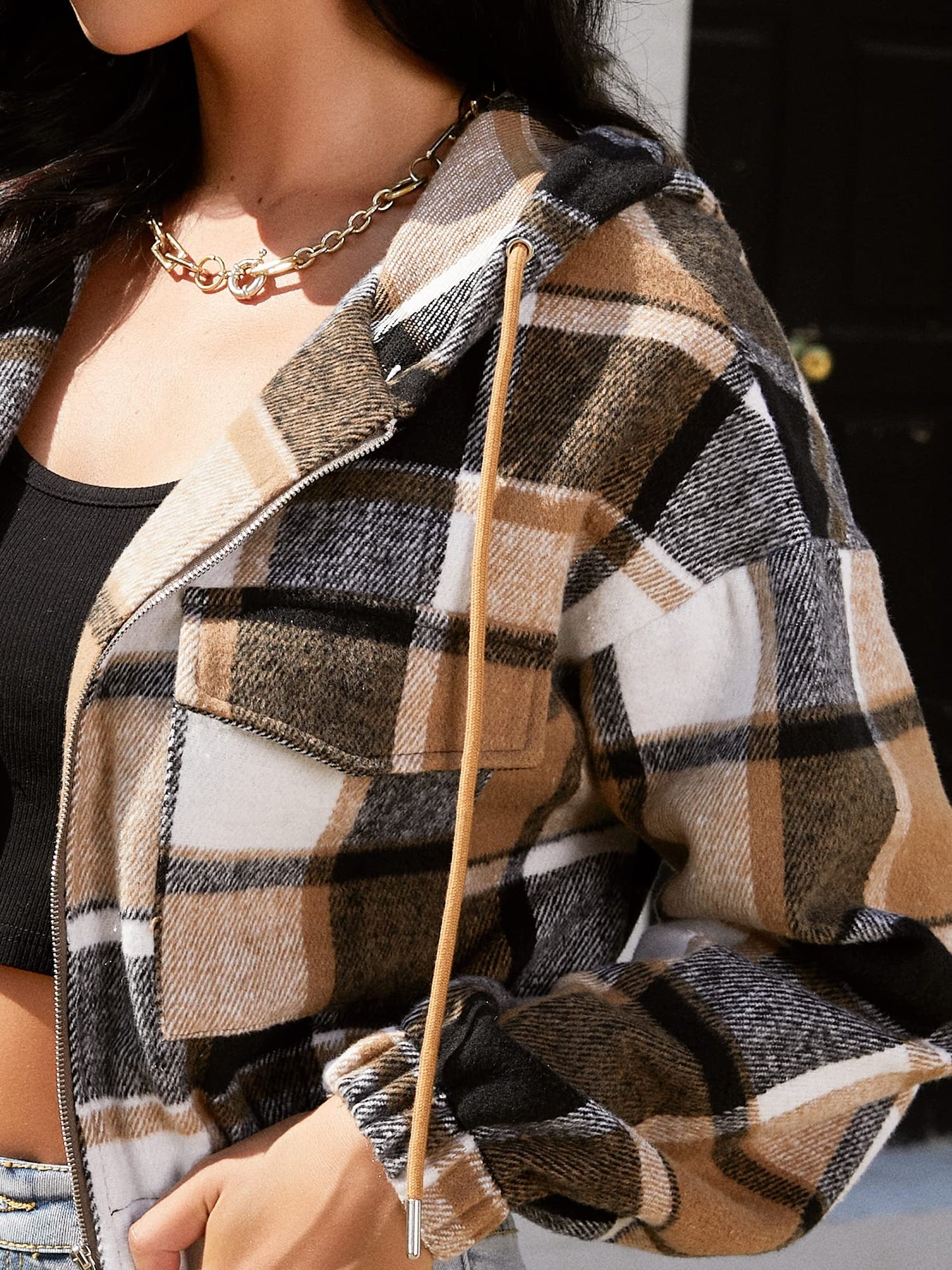 Plaid Flannel Flap Pocket Zip Hooded Jacket Women's Drop Shoulder Coat Zip Up Short Jacket Winter Outwear The Clothing Company Sydney