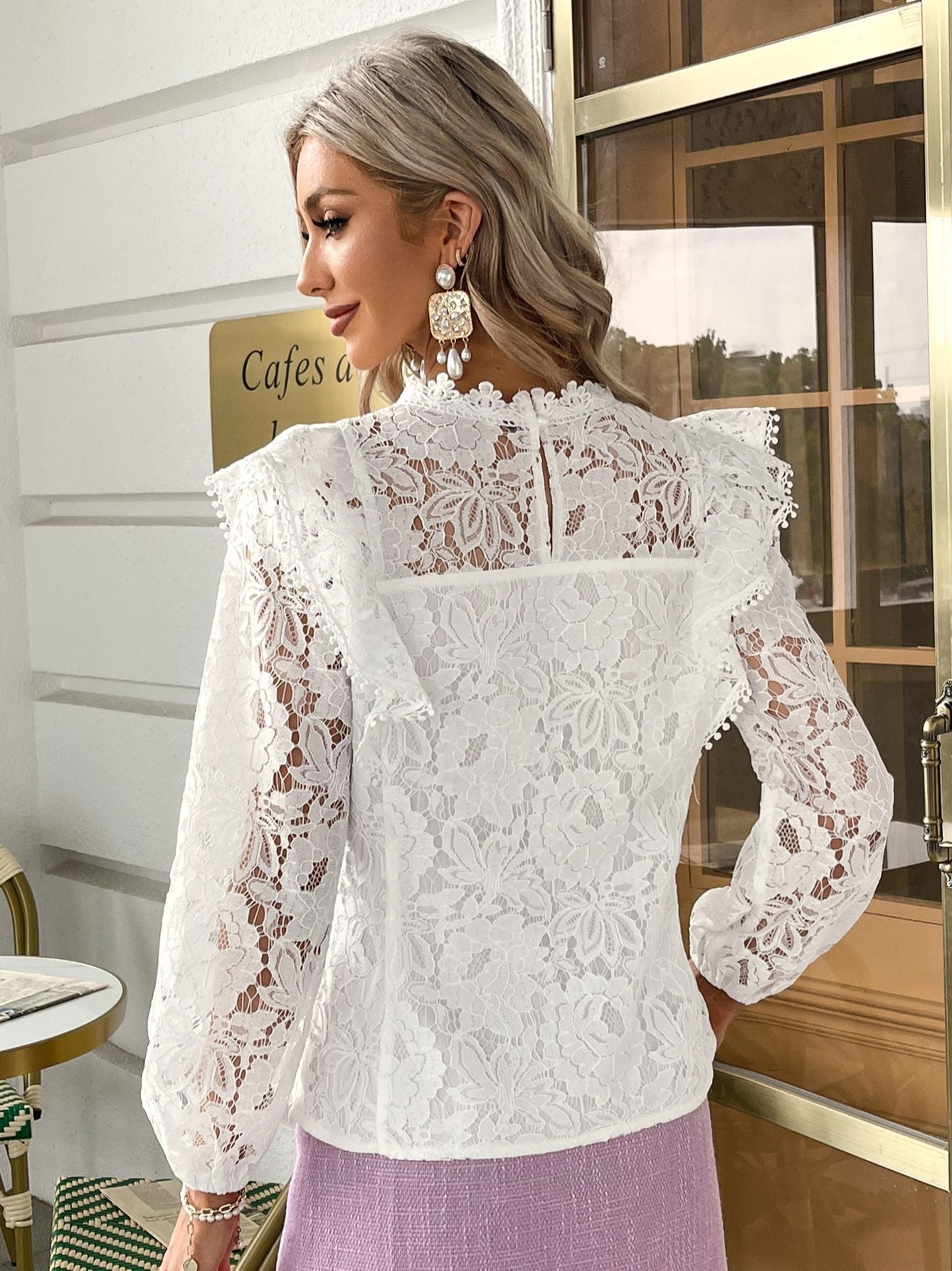 Elegant white lace blouse hollow out long sleeve ruffle t-shirt Office button casual streetwear tops - The Clothing Company Sydney