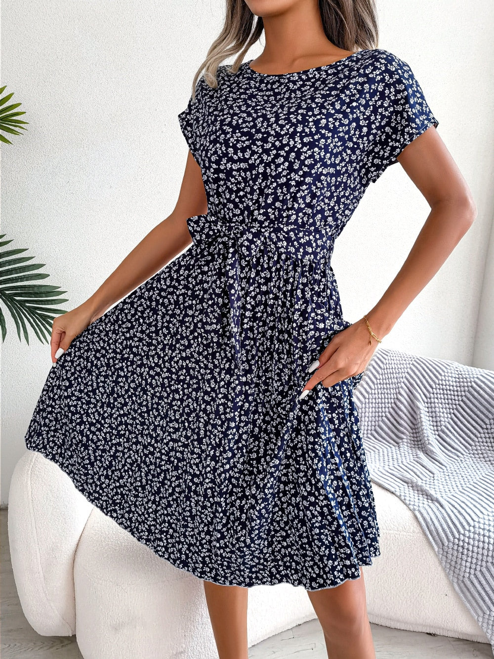 Floral Pleated A Line Long Dress Spring Summer Short Sleeve High Waist Chic Dress The Clothing Company Sydney
