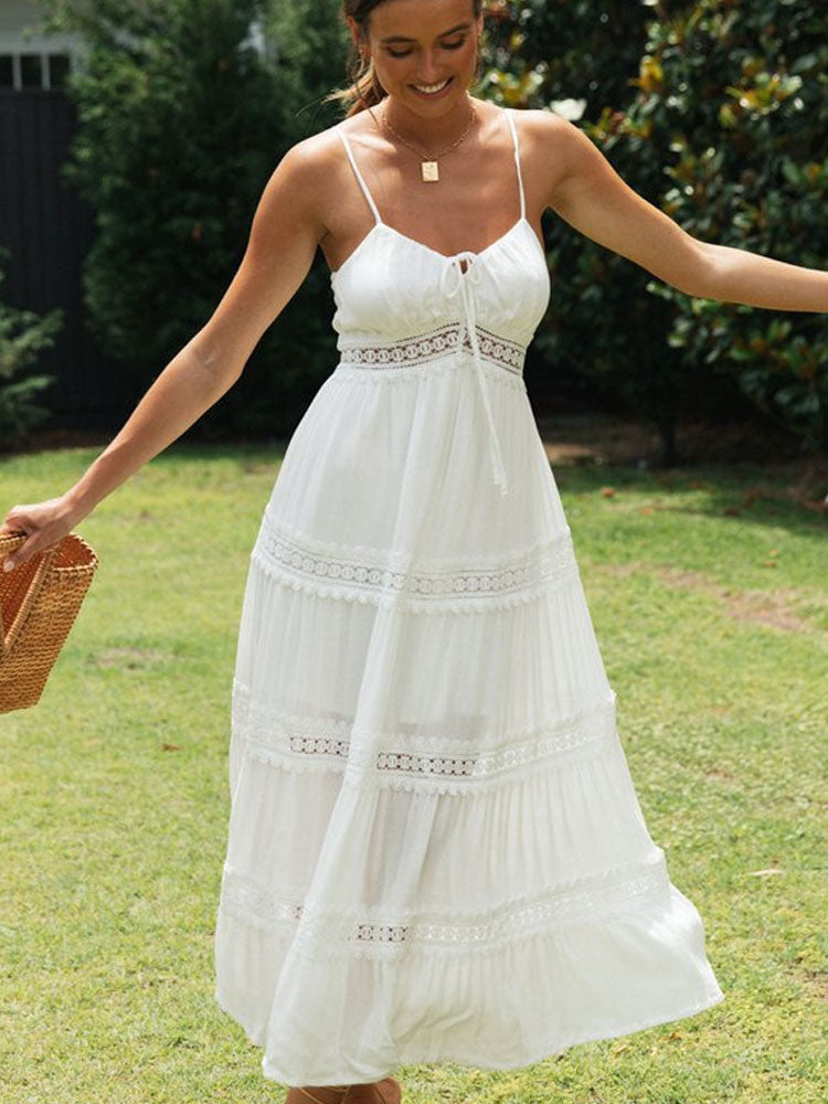 White Spaghetti Straps Dress Elegant Summer Holiday Hollow Out Long Beach Sundress Soft Smock Split Dress The Clothing Company Sydney