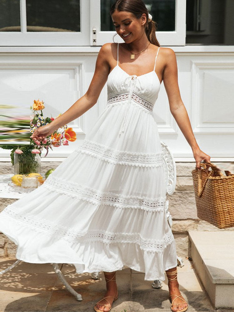 White Spaghetti Straps Dress Elegant Summer Holiday Hollow Out Long Beach Sundress Soft Smock Split Dress The Clothing Company Sydney