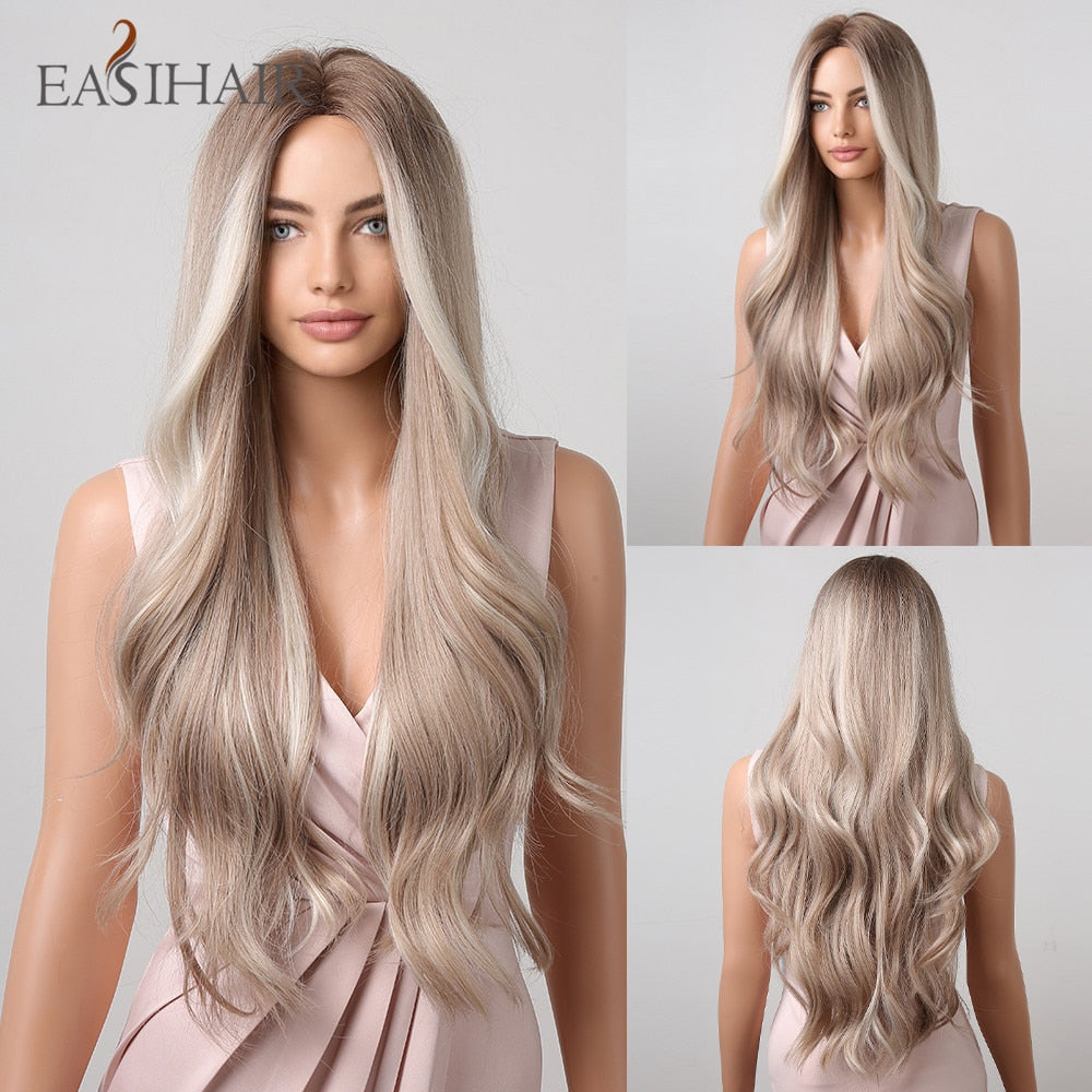 Ombre Brown Gray Ash Synthetic Long Wavy Wigs Middle Part Mixed Blonde Wig Women Daily Cosplay Heat Resistant Wigs The Clothing Company Sydney