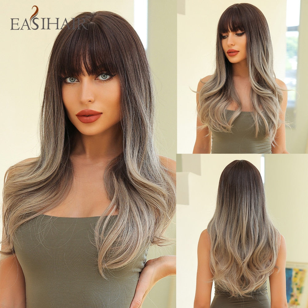 Brown Mixed Blonde Synthetic Wigs with Bang Long Natural Wavy Hair Wig for Women Daily Cosplay Use Heat Resistant Wigs The Clothing Company Sydney