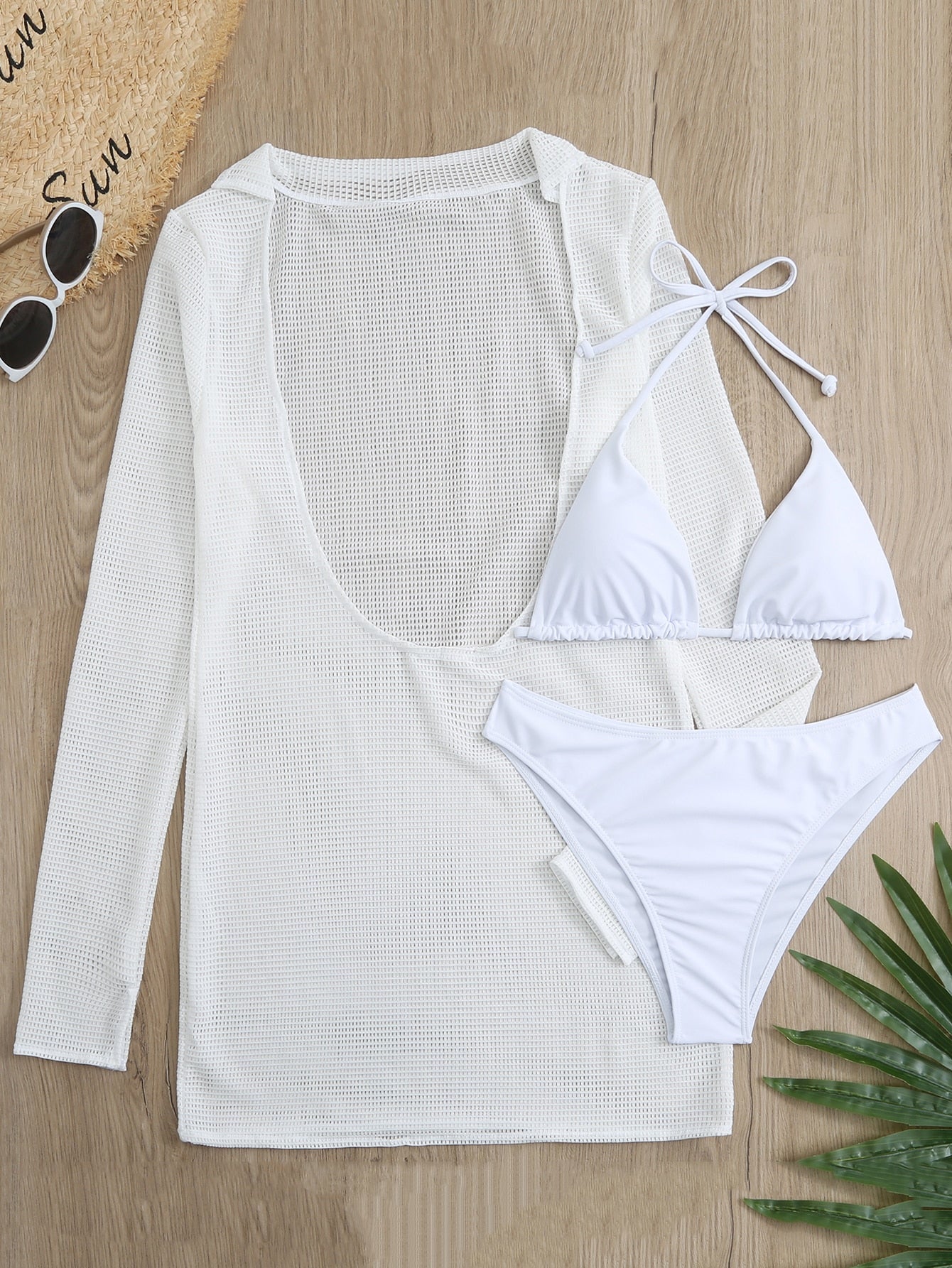 Slit Cuff Plunge Neck Three Piece Bikini Set with Cover Up Plain Swimsuit Women Swimwear Summer Beach Bathing Suit The Clothing Company Sydney