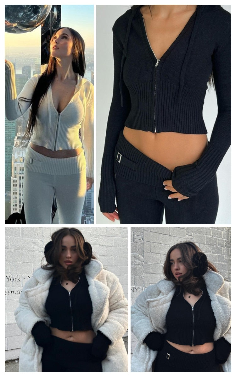 Women's Spring Outfits Casual Zipper Sweater Hoodie Set High Waist Flare Pants Suits Pink Knitted Y2k Two Piece Set The Clothing Company Sydney