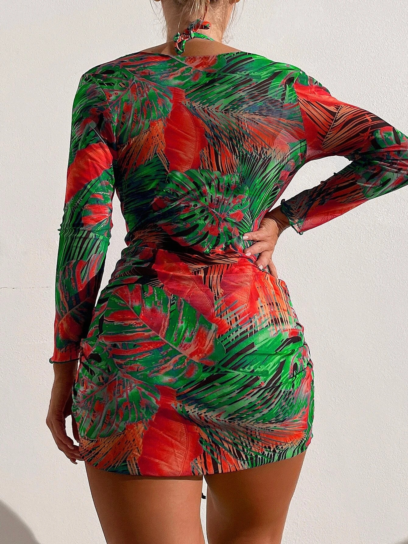 Slit Cuff Plunge Neck Three Piece Bikini Set with Cover Up Plain Swimsuit Women Swimwear Summer Beach Bathing Suit The Clothing Company Sydney