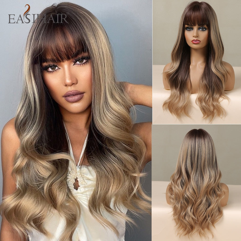 Brown Mixed Blonde Synthetic Wigs with Bang Long Natural Wavy Hair Wig for Women Daily Cosplay Use Heat Resistant Wigs The Clothing Company Sydney