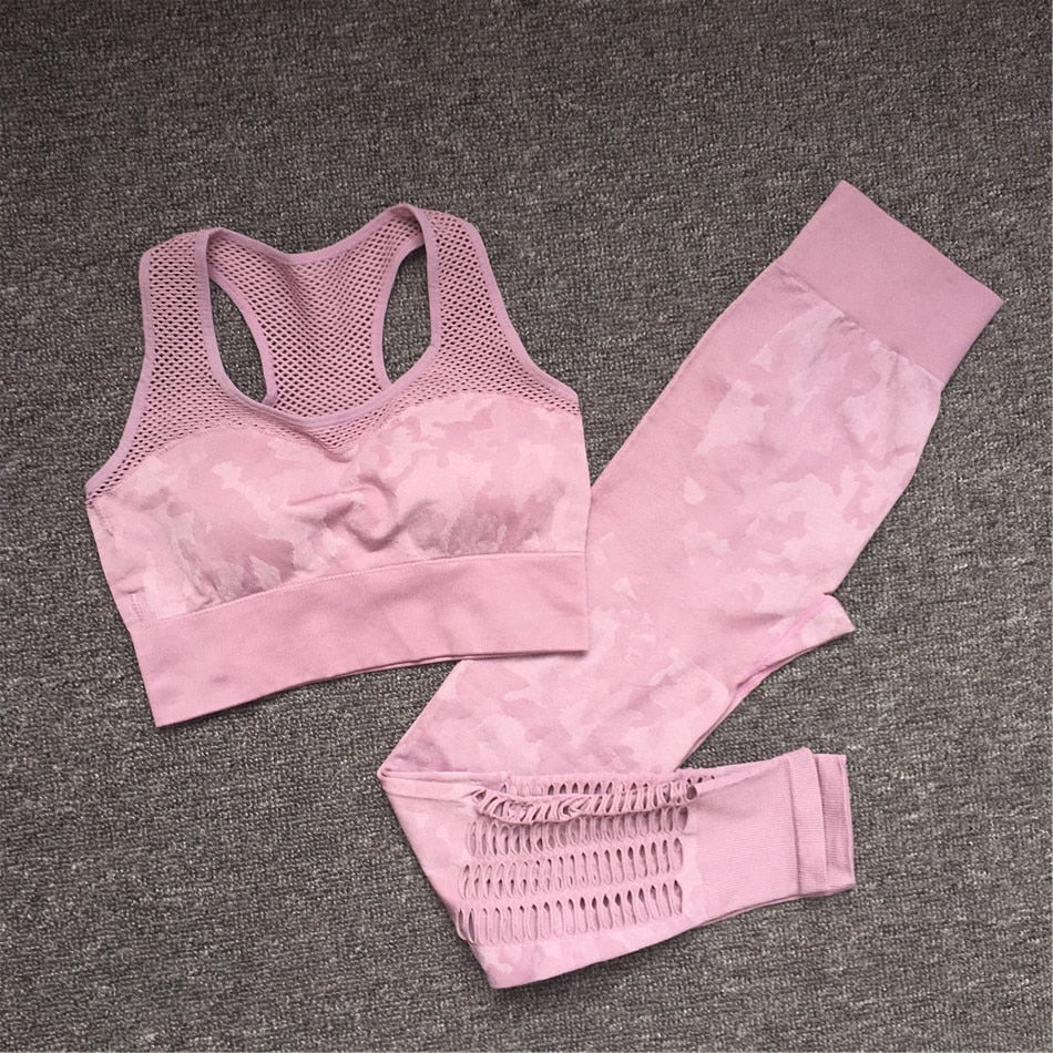 2PCS Camouflage Set Women Yoga Suit Sport Set Gym Workout Clothes Long Sleeve Fitness Crop Top High Waist Seamless Camo Leggings The Clothing Company Sydney