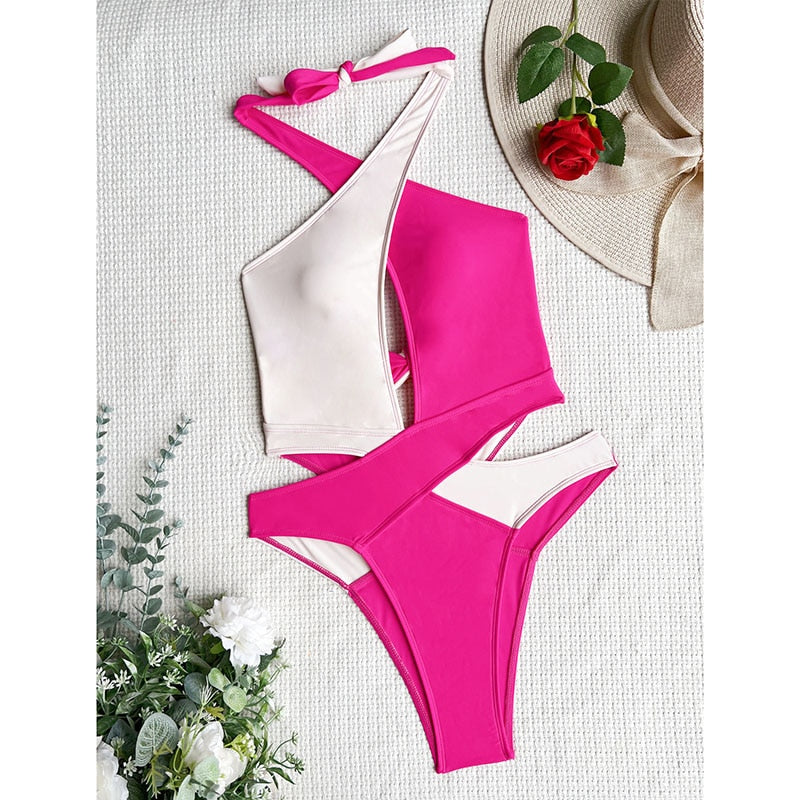 Cut Out Swimsuit One Piece Colorblock Swimwear Wrap Halter Monokini High Cut Bathing Suit Bodysuit Beachwear The Clothing Company Sydney
