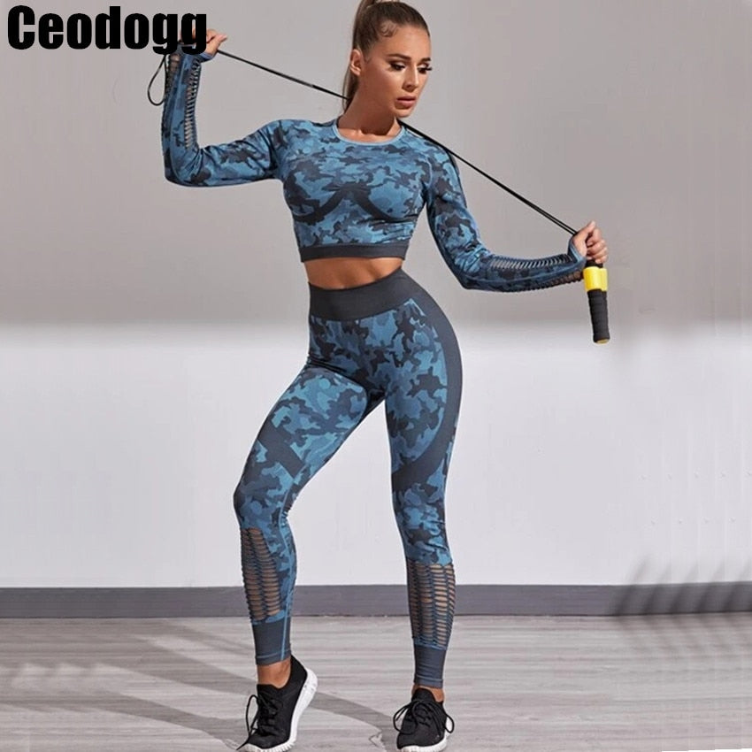 2PCS Camouflage Set Women Yoga Suit Sport Set Gym Workout Clothes Long Sleeve Fitness Crop Top High Waist Seamless Camo Leggings The Clothing Company Sydney