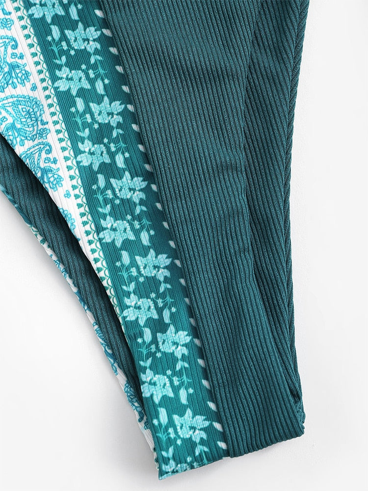 Two Piece Swimwear Ribbed Bohemian Paisley Print String Halter Bikini Set Women Tie Side Swimsuit Colorblock Bathing Suit The Clothing Company Sydney