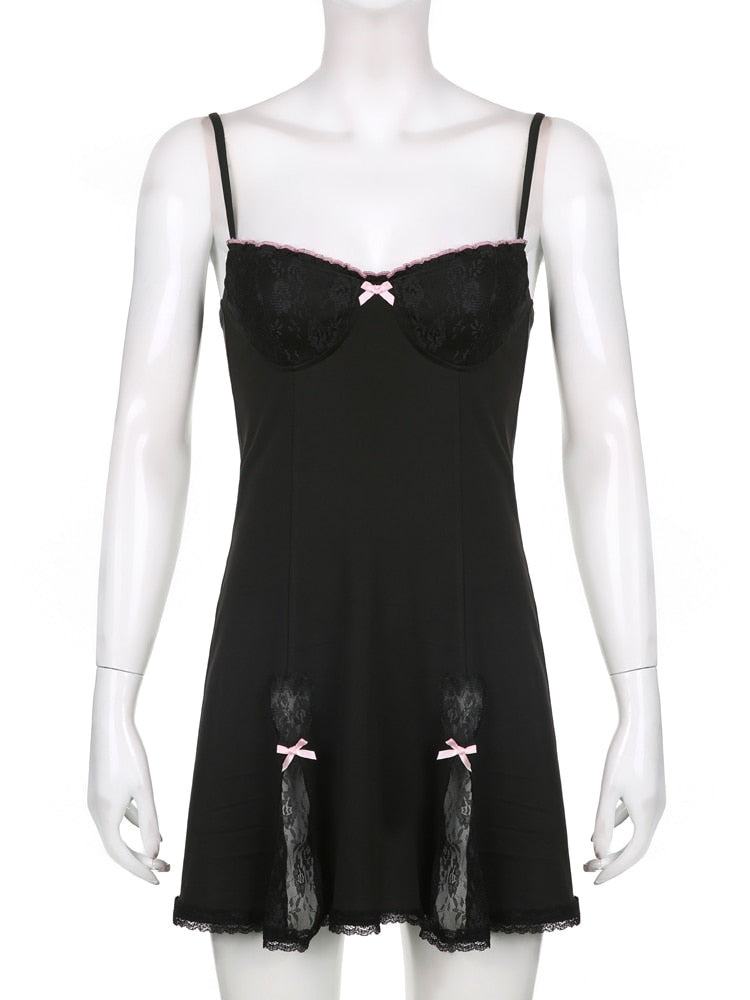 Y2K Retro Lace Patchwork Strap Bow Black Dress Mini Fashion Aesthetic Bow Club Party Dresses for Women Outfits The Clothing Company Sydney