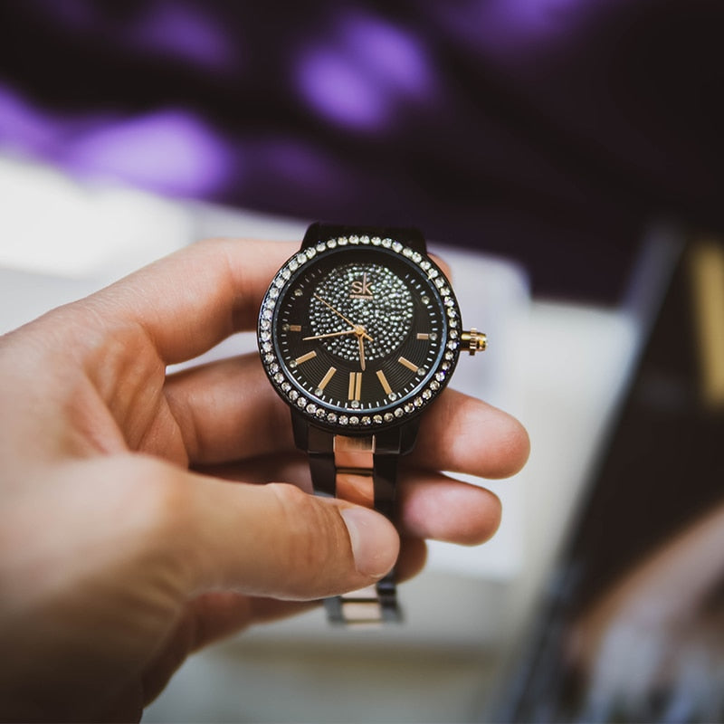 Rose Gold Japanese Quartz Watch Crystal Luxury Black Women's Watch With 6 Months Warranty The Clothing Company Sydney
