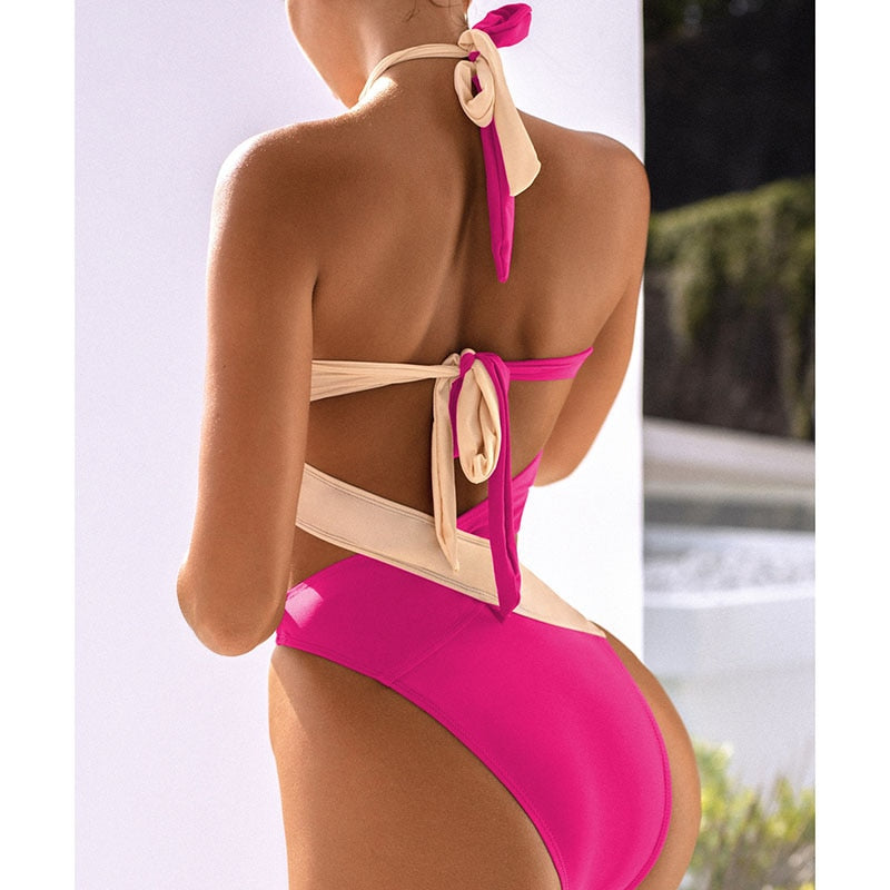 Cut Out Swimsuit One Piece Colorblock Swimwear Wrap Halter Monokini High Cut Bathing Suit Bodysuit Beachwear The Clothing Company Sydney