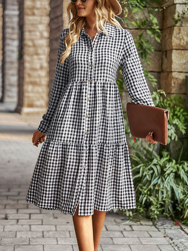 Casual Plaid Shirt Dress For Women Turn Down Long Sleeve Maxi Dress Vintage Single Breasted Patchwork Spring Autumn Dress The Clothing Company Sydney