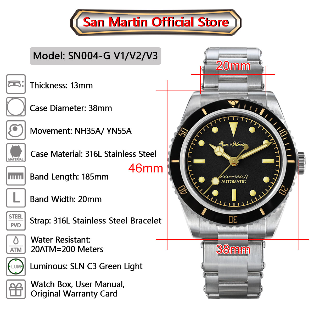 San Martin Men's 38mm Diver 6200 Retro Water Ghost Luxury Sapphire NH35 Automatic Mechanical Vintage 20Bar Luminous Watch Clothing Company Sydney