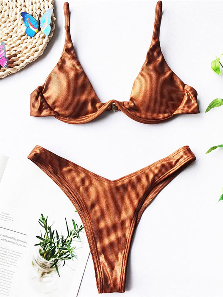 Neon V-bar Underwired Bikini Ribbed Swimsuit Women Thong Swimwear Two-pieces Bikini set Push up Bathing Suit The Clothing Company Sydney