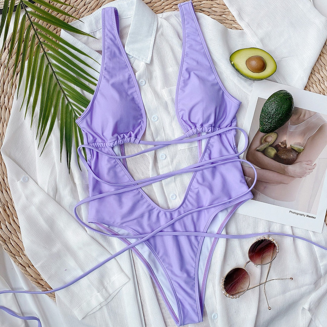 Bandage Wrap Around Tummy Cut Out Deep V Monokini One Piece Swimsuit Swimwear Bather Bathing Suit