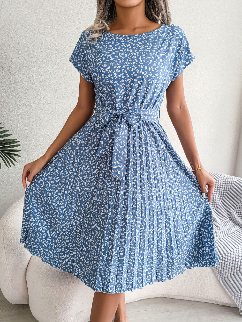 Floral Pleated A Line Long Dress Spring Summer Short Sleeve High Waist Chic Dress The Clothing Company Sydney