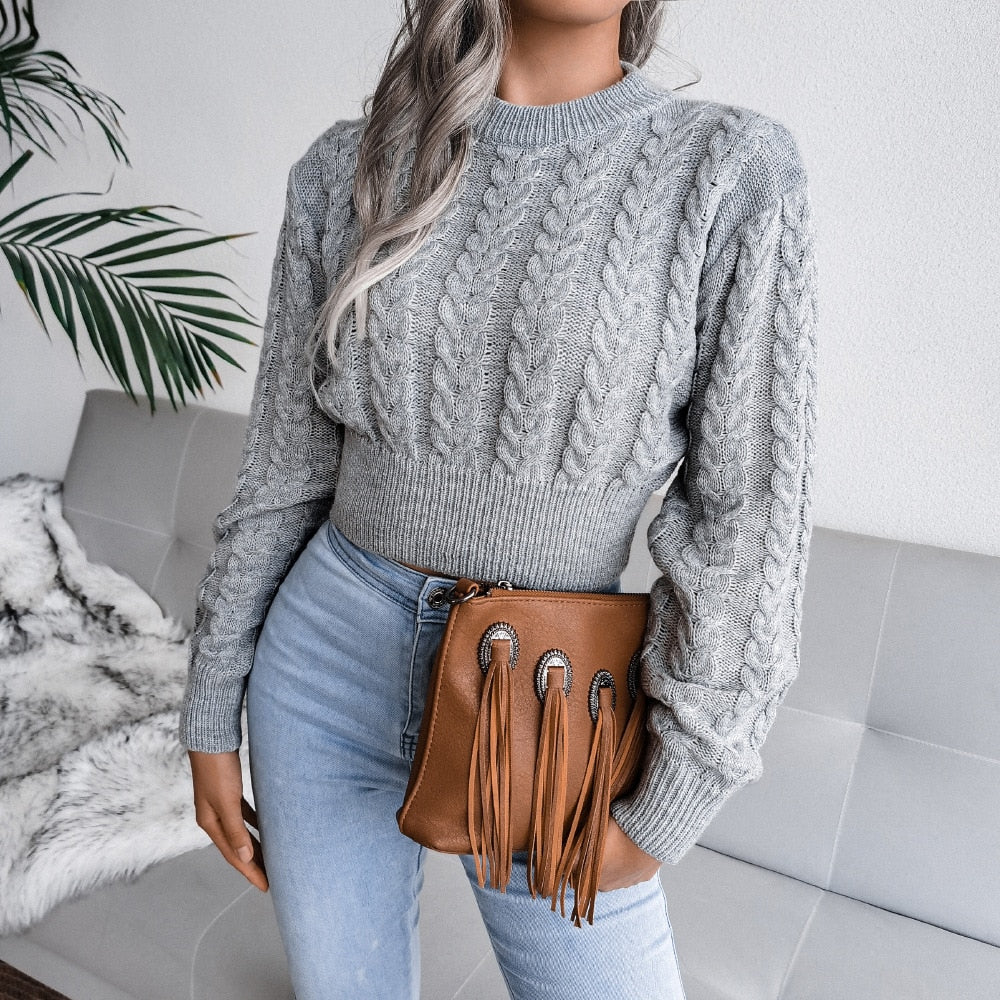 Women's Autumn Winter Long Sleeve Twist Neck Knit Crop Sweater Fashion Slim All Match Pullover Jumper Top The Clothing Company Sydney