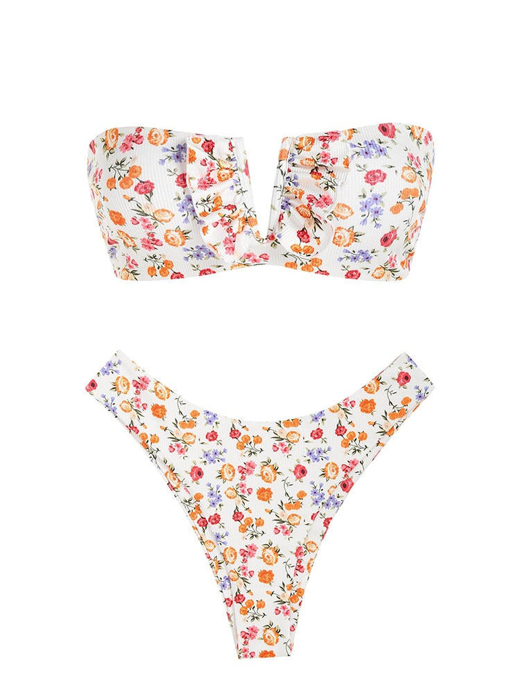 V-wired Ruffle Ribbed High Cut Bikini Swimwear High Cut Strapless Lace Up Removable Padded Women Bathing Suit The Clothing Company Sydney