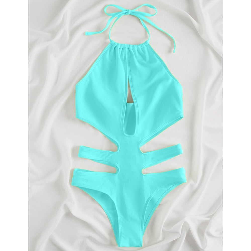 Solid Tied Halter Swimwear Women High Waist Push Up Hollow One Piece Swimsuit Monokini Summer Bathing Suit The Clothing Company Sydney