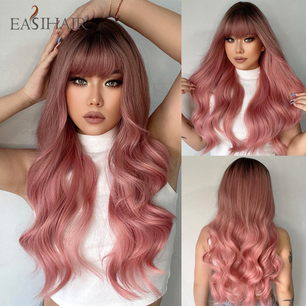 Ombre Gray Ash Wavy Wigs with Bang Light Blonde Platinum Synthetic Long Hair for Women Daily Party Heat Resistant Fiber Wigs The Clothing Company Sydney