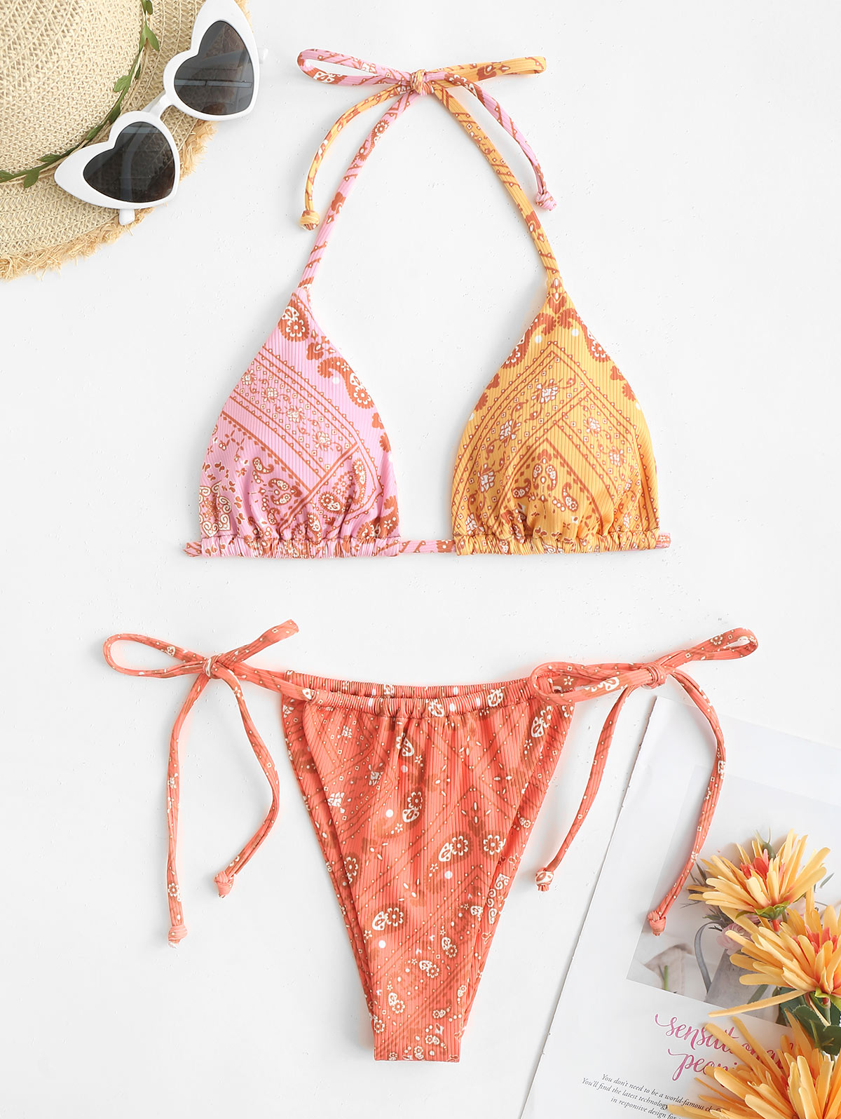 Two Piece Swimwear Ribbed Bohemian Paisley Print String Halter Bikini Set Women Tie Side Swimsuit Colorblock Bathing Suit The Clothing Company Sydney
