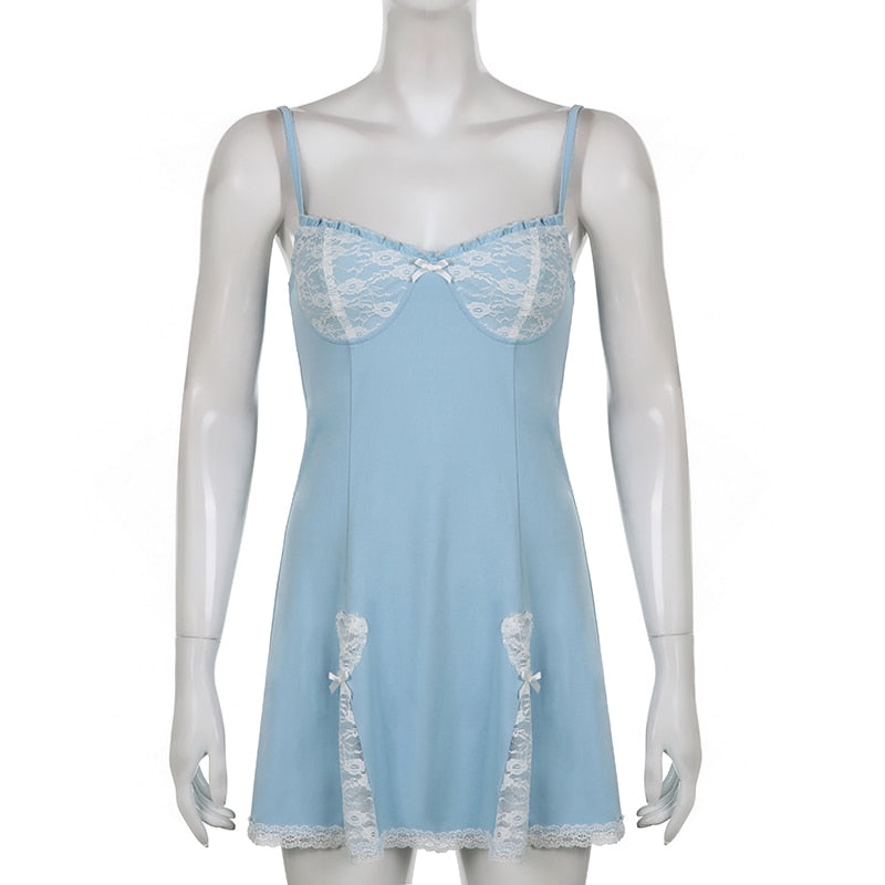 Y2K Retro Lace Patchwork Strap Bow Black Dress Mini Fashion Aesthetic Bow Club Party Dresses for Women Outfits The Clothing Company Sydney