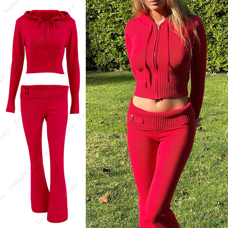 Women's Spring Outfits Casual Zipper Sweater Hoodie Set High Waist Flare Pants Suits Pink Knitted Y2k Two Piece Set The Clothing Company Sydney