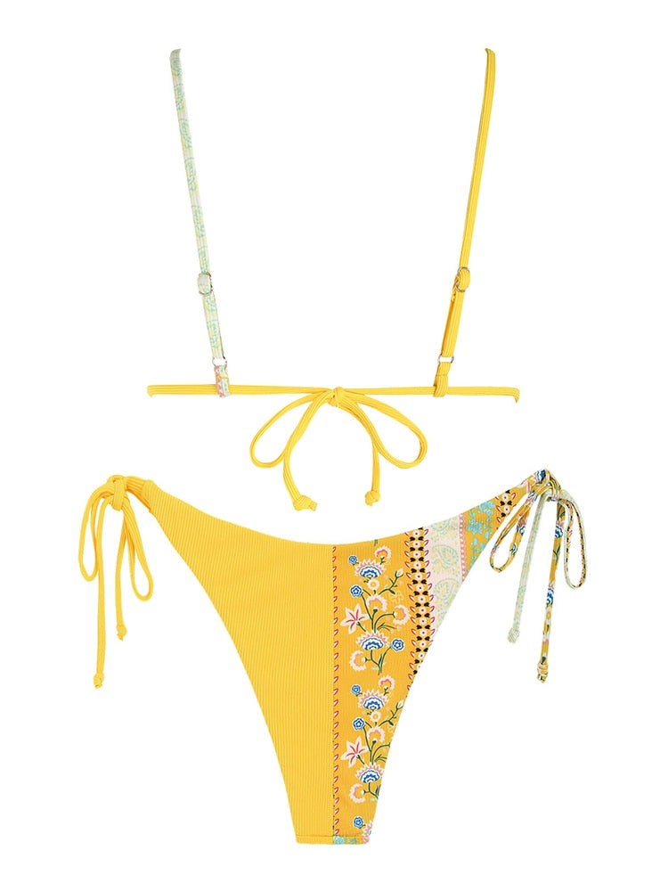 Two Piece Swimwear Ribbed Bohemian Paisley Print String Halter Bikini Set Women Tie Side Swimsuit Colorblock Bathing Suit The Clothing Company Sydney