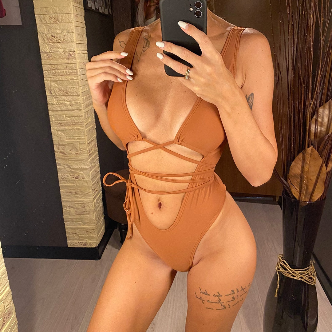 Bandage Wrap Around Tummy Cut Out Deep V Monokini One Piece Swimsuit Swimwear Bather Bathing Suit