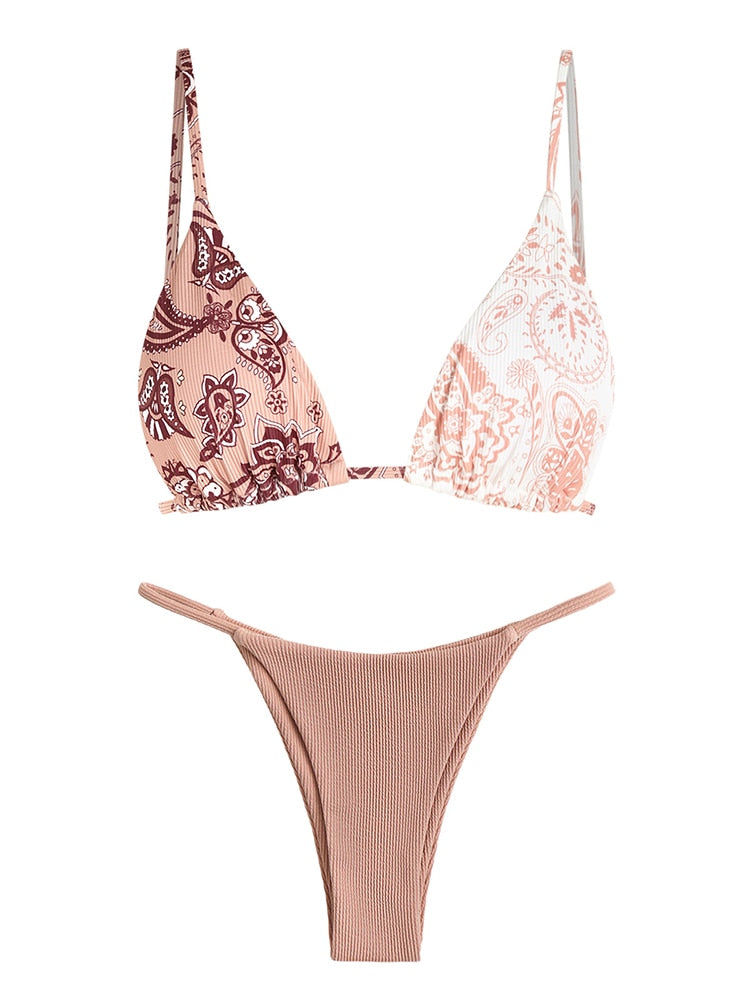Two Piece Swimwear Ribbed Bohemian Paisley Print String Halter Bikini Set Women Tie Side Swimsuit Colorblock Bathing Suit The Clothing Company Sydney