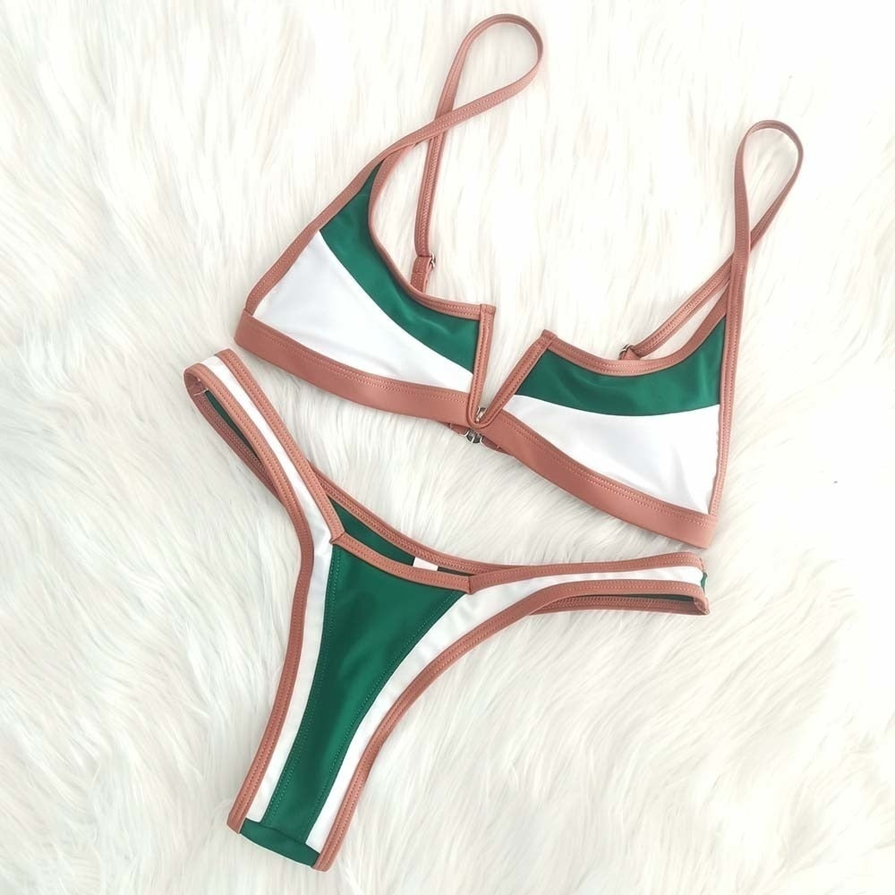 2 Piece Vintage Retro Bikini Patchwork Swimsuit Thong Brazilian Swimwear Summer Micro V-bar Green Bathing Suits The Clothing Company Sydney