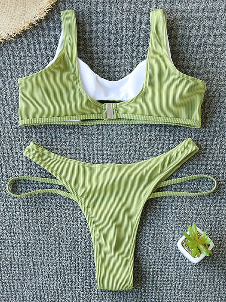 2 Piece Swimsuit Women Bikini Push-up Padded Bra Bandage Triangle Swimwear Bathing Suit Ribbed Bikini Set The Clothing Company Sydney