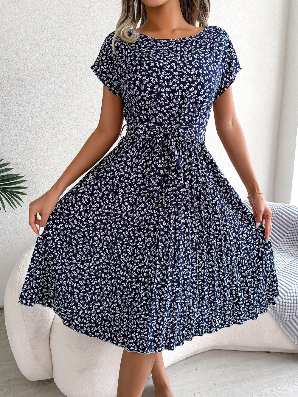 Floral Pleated A Line Long Dress Spring Summer Short Sleeve High Waist Chic Dress The Clothing Company Sydney