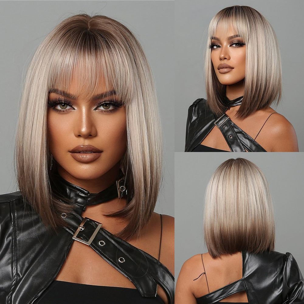 Short Straight Synthetic Wigs for Women Blonde to Brown Ombre Bob Wigs with Bangs Daily Cosplay Party Heat Resistant Wigs The Clothing Company Sydney