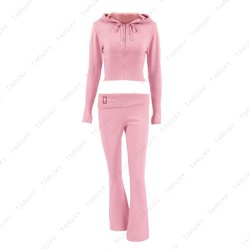 Women's Spring Outfits Casual Zipper Sweater Hoodie Set High Waist Flare Pants Suits Pink Knitted Y2k Two Piece Set The Clothing Company Sydney