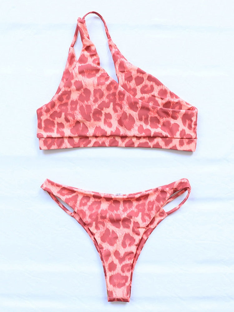 2 Piece Leopard Bikini Swimsuit One Shoulder Swimwear Micro Thong Bathing Suit Women Push Up Beachwear The Clothing Company Sydney