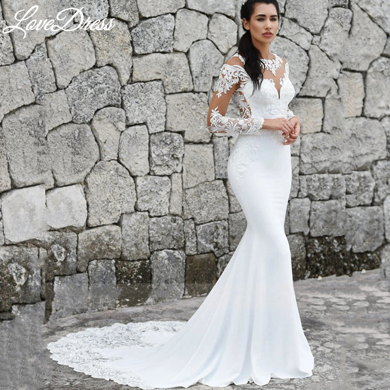 Elegant Scoop Mermaid Wedding Dresses Long Sleeves Illusion Back Buttons Lace Applique Train Gown The Clothing Company Sydney