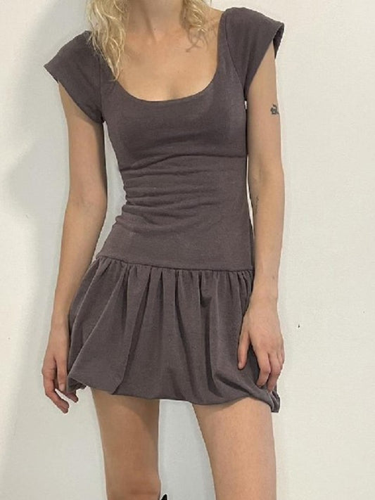Brown Vintage Y2K Folds Slim Summer Mini Dress for Women Round Neck Dress The Clothing Company Sydney
