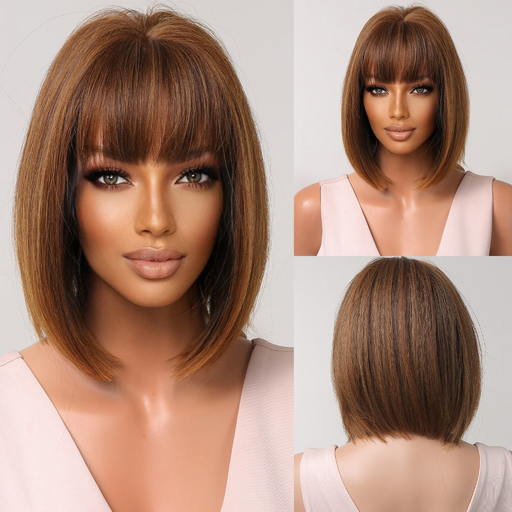 Short Straight Synthetic Wigs for Women Blonde to Brown Ombre Bob Wigs with Bangs Daily Cosplay Party Heat Resistant Wigs The Clothing Company Sydney