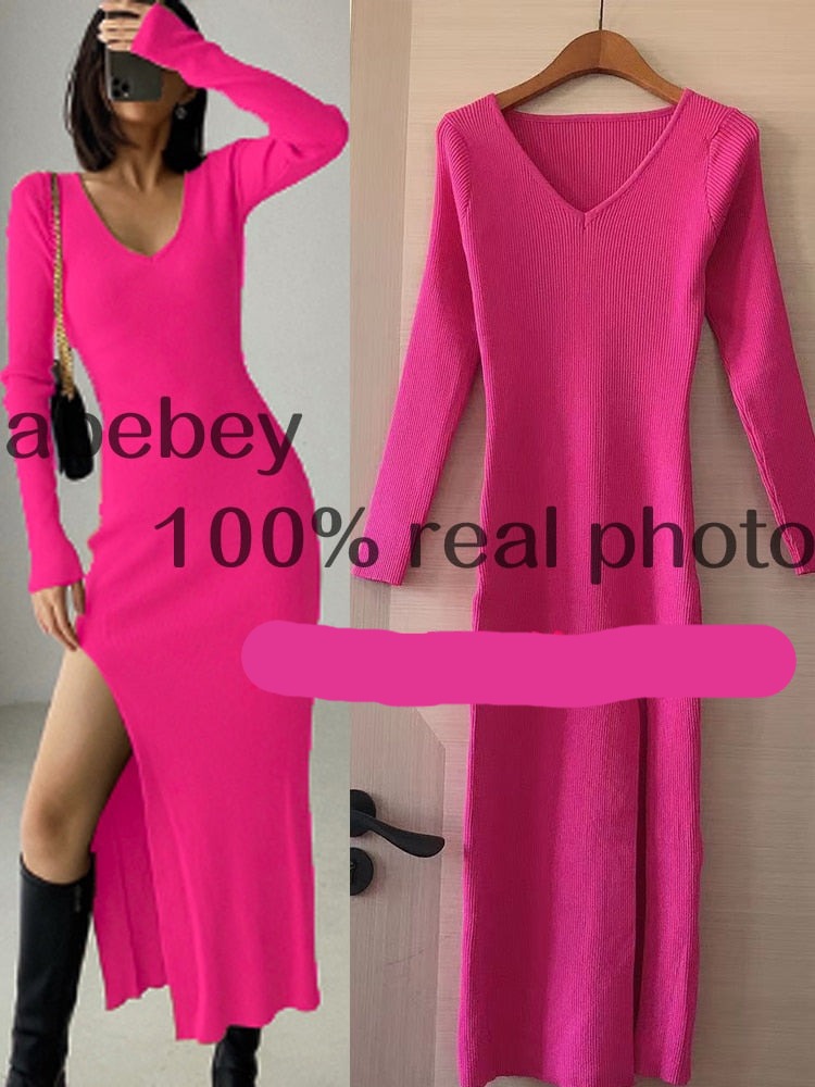 Long Sleeve slit sweater dress slim tight fitting hip knit over the knee dresses The Clothing Company Sydney