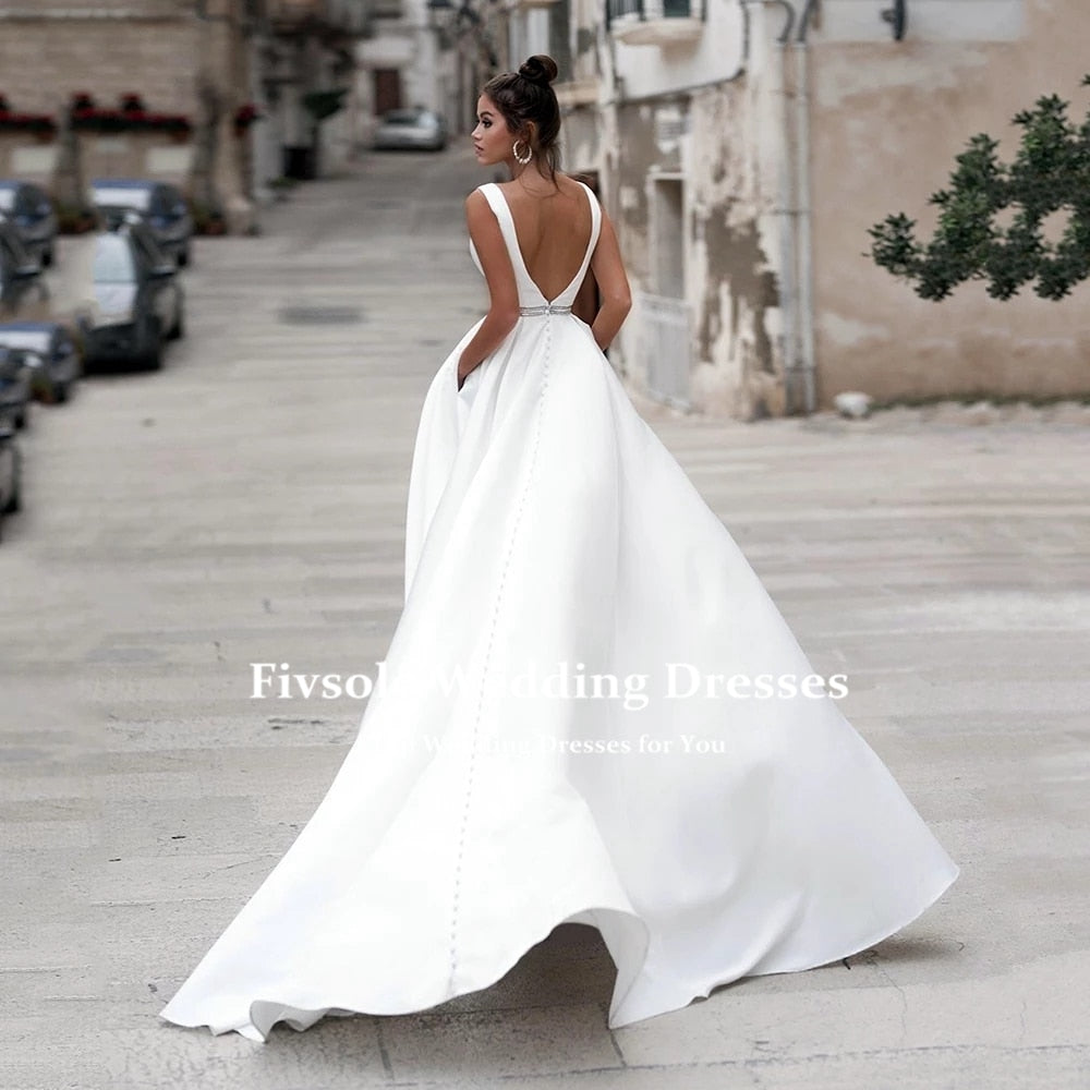 Satin Beach Beaded Sash  A Line Long Beach Brides Wedding Gowns Fashion Open Back Robe Wedding Dress The Clothing Company Sydney