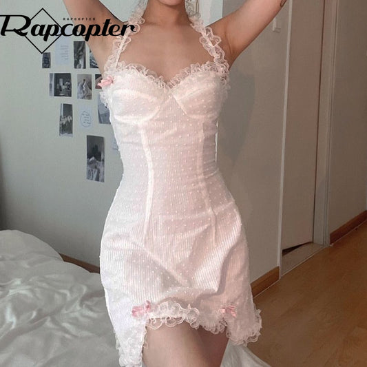 y2k Ruffles Bow Cute Sweet Sundress Fairycore Backless Party Beach Halter Zip Bodycon Mini Dress The Clothing Company Sydney