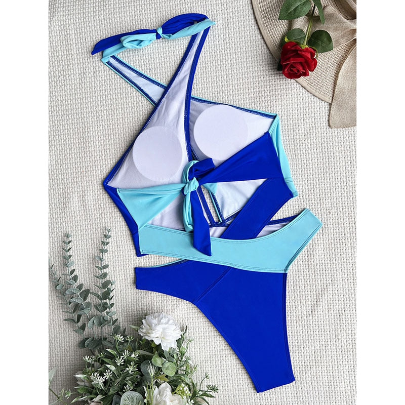 Cut Out Swimsuit One Piece Colorblock Swimwear Wrap Halter Monokini High Cut Bathing Suit Bodysuit Beachwear The Clothing Company Sydney