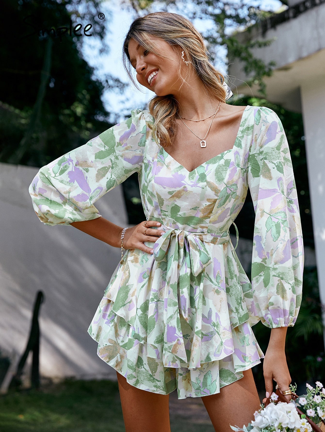 Holiday sash long sleeve ruffle print romper summer Lace up floral short overall A-line v-neck beach rompers The Clothing Company Sydney
