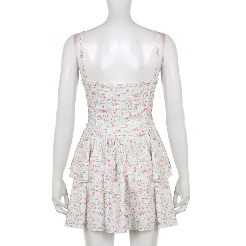 French Romantic Strap Floral Printing Summer Fashion Chic Ruffles Pleated Dress Mini Double Layer Dress The Clothing Company Sydney